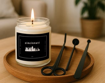 Cincinnati City Scape White Candle with Black Candle Care Gift Set