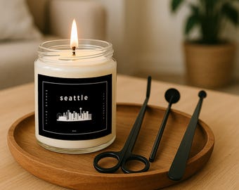 Seattle City Scape White Candle with Black Candle Care Gift Set