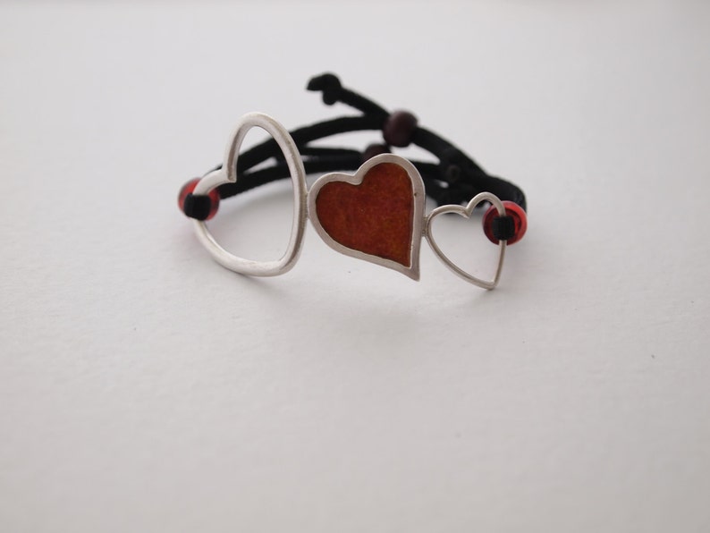 Bracelet 3 hearts silver and enamel fire. Adjustable bracelets image 4