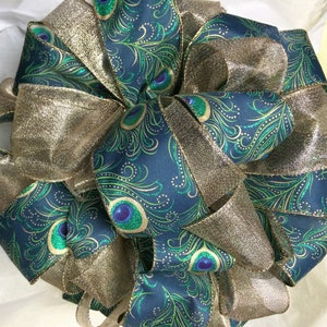 Giant Ribbon Christmas/Holiday Tree Topper Bows with Streamers Large Selection Peacock / Gold Combo