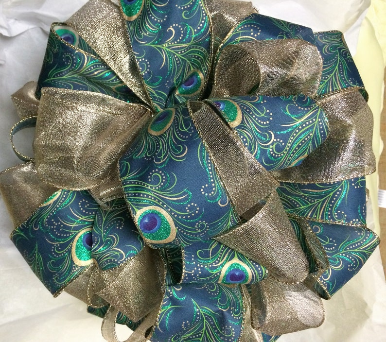 Giant Ribbon Christmas/Holiday Tree Topper Bows with Streamers Large Selection Peacock / Gold Combo