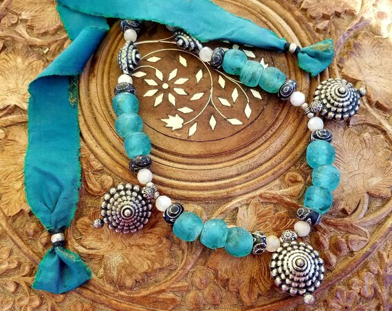 African Recycled Glass Beaded Necklace Tribal Bohemian Necklace Ethic Rustic Glass Necklace Boho Summer Necklace Adjustable Tie Necklace