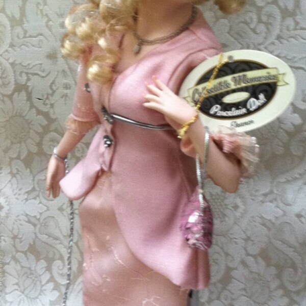 REDUCED 50% (from 50.00) !!! Collectible Memories, Eleanor porcelain doll, with stand, 17", toting cute scotty terrier, great condition..