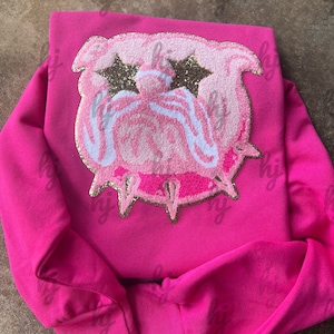 May include: Pink sweatshirt with a sparkly pink and gold bulldog design.