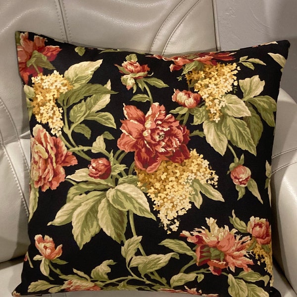 Rose black floral throw pillow cover, designer French country cottage chic sofa pillow cover, rose burgundy sage, traditional home decor