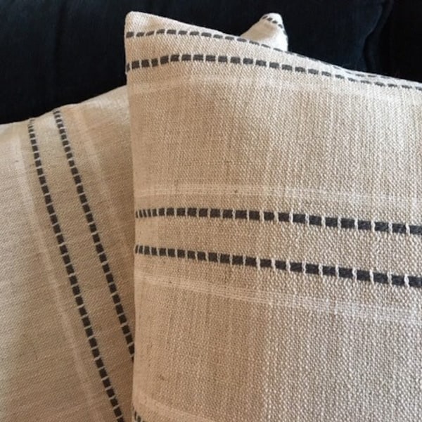 Modern farmhouse pillow cover, woven throw pillow, natural and slate gray toss pillow,  grain sack sofa pillow neutral coastal decor