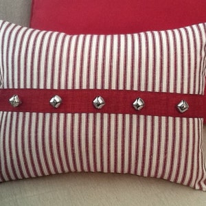 Christmas pillow cover. Farmhouse Red ticking pillow cover, Holiday pillow Rustic jingle bell, Farmhouse pillow, Christmas decor