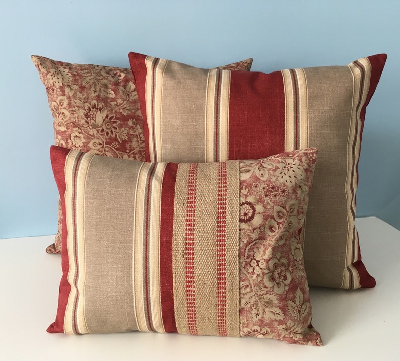 French Country Pillow Cover. Country Cottage. Red Rust Tan. Etsy