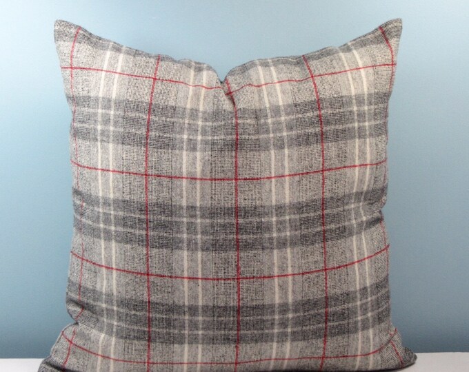 Wool Pillow. Gray Plaid Throw Pillow Cover. 18x18 Menswear Decor