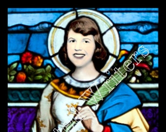 May include: A stained glass window depicting a woman in a blue and yellow robe holding a quill pen. The window has a gold frame and the text "SAINT SYLVIA" at the bottom.