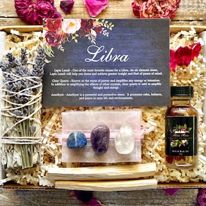 Libra Zodiac Gift Box: Crystal Set, Sage, Palo Santo, Fragrance Oil
