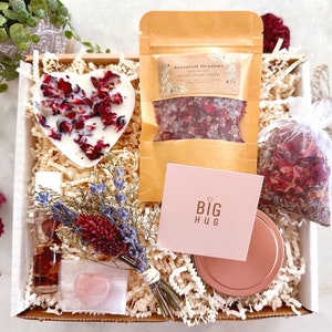 Big Hug Candle Floral Crystal Gift Box  Mental Health Self-Care Package, Organic Love and Support Basket, Stress Relief