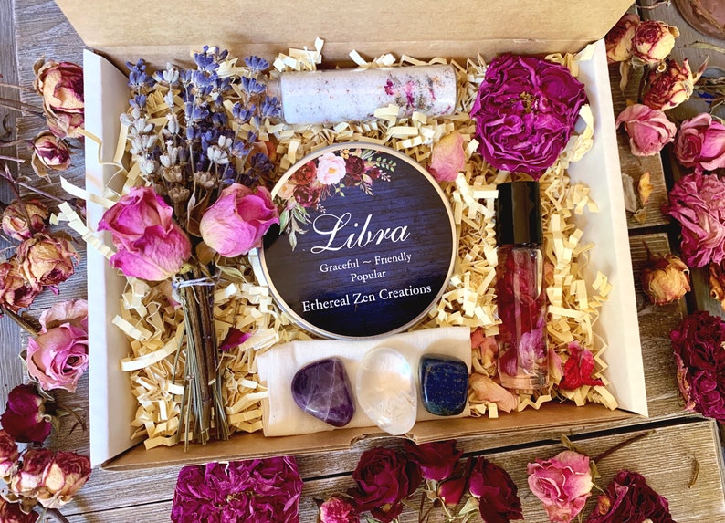 Libra Zodiac Astrology Spa and Crystal Gift Box, Zodiac Gift, Crystals, Metaphysical Gift, Libra Candle, Birthday Gift Box Floral Gift Set