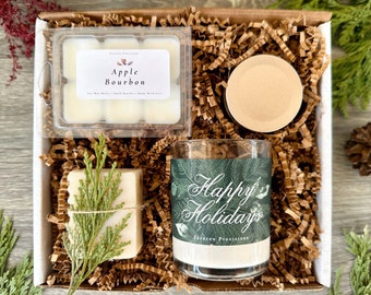 Happy Holidays Candle Gift Box: Soy Wax Melts, Soap & Candle Set