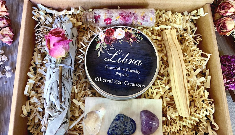 Libra Zodiac Astrology Spa and Crystal Gift Box, Zodiac Gift, Crystals, Metaphysical Gift, Libra Candle, Birthday Gift Box Cleansing Gift Set