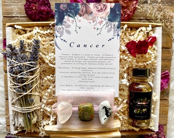 Cancer Zodiac Botanical Crystal and Cleansing Gift Box : Astrology-Inspired Self-Care and Relaxation Set, Witchy, Horoscope Gift