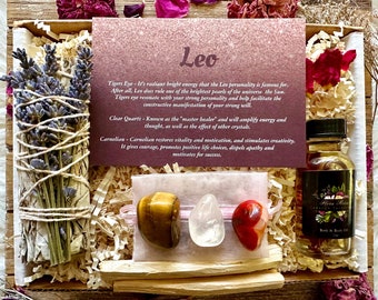 Leo Zodiac Botanical Crystal and Cleansing Gift Box : Astrology-Inspired Self-Care and Relaxation Set, Witchy, Horoscope Gift