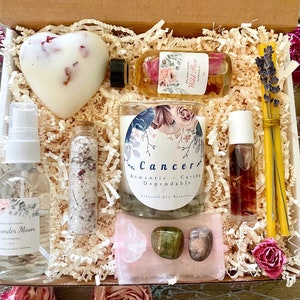 Cancer Zodiac Crystal Spa Gift Box: Handmade Botanical Astrology Set