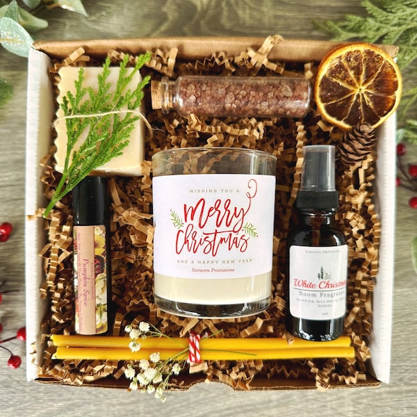 Merry Christmas Gift Box: Botanical Soy Wax Candles & Fragrance Set - Boho Winter Hostess Gift, Personalized Gift Wrapped Holiday Present