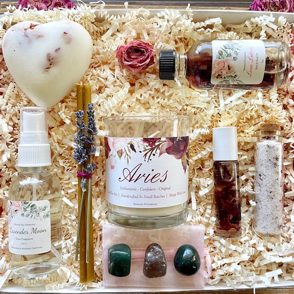Aries Zodiac Self-Care Spa Gift Box - Personalized Astrology Candle & Crystal Floral Set, Metaphysical Birthday Gift