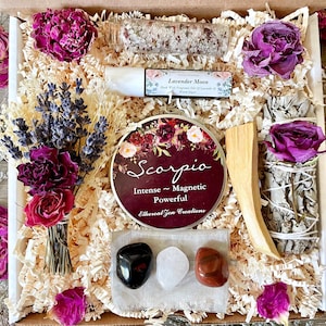 Scorpio Zodiac Spa & Crystal Gift Box - Botanical Birthday Set, Personalized Scorpio Gift, Handcrafted Aromatherapy Kit, Astrology Candle