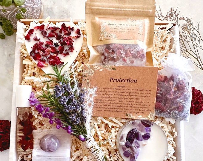 Protection Crystal Gift Box for Her: Amethyst, Organic Floral Spa, Self-Care Set, Grounding Gift