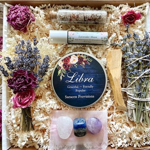 Libra Zodiac Astrology Spa and Crystal Gift Box, Zodiac Gift, Crystals, Metaphysical Gift, Libra Candle, Birthday Gift Box image 1