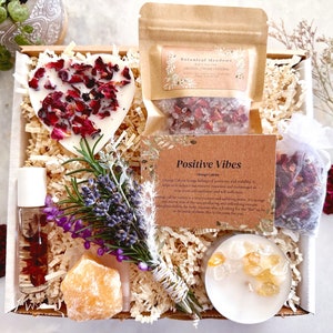 Positive Vibes Self-Care Gift Box | Organic Spa Mindfulness Crystals & Florals Care Package | Manifestation Set