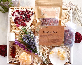 Positive Vibes Self-Care Gift Box | Organic Spa Mindfulness Crystals & Florals Care Package | Manifestation Set