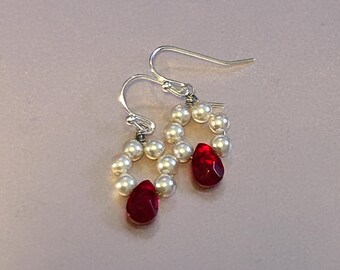 Pearl bead with Garnet teardrop earrings