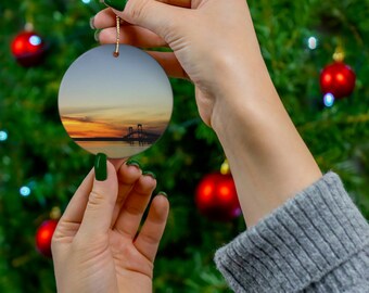 Newport Bridge Sunset Ceramic Ornament,