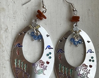 Hand stamped Ocean scene oval Earrings