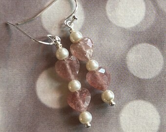 Strawberry Quartz with pearl beads on sterling silver hooks