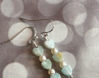 Amazonite Hearts & pearl earrings