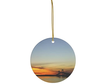 Newport Bridge Sunset Ceramic Ornament,