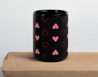 Pink and Red Hearts on Black Mug, Heart Mug, Valentine’s Day Mug, Heart Mug, Dishwasher Safe Mug, Microwave Safe Mug - RaeBeasleyArt