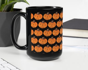 Pumpkin Mug in Black, Microwave Safe Mug, Dishwasher Safe Mug, Pumpkin Coffee Mug, Pumpkin Mug for Tea, Fall Mug, Autumn Mug - RaeBeasleyArt