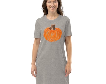 Pumpkin Short Sleeve T-Shirt Dress, Pumpkin Grahic Tee Dress, Fall Graphic Tee Dress, T-Shirt Dress - RaeBeasleyArt