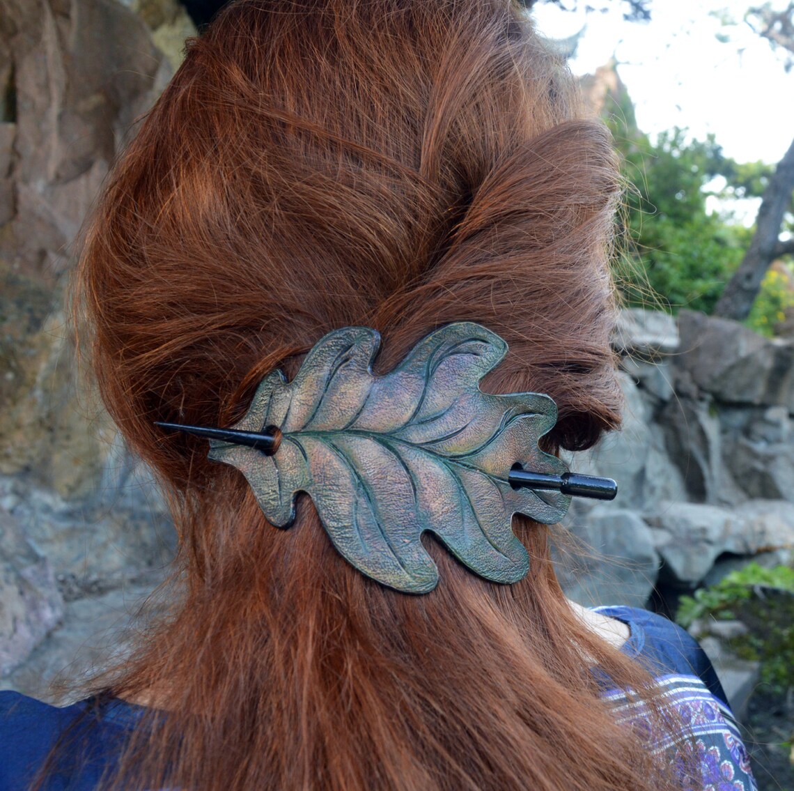 Oak Leaf Barrette Leather Barrette Barrette with Stick Etsy