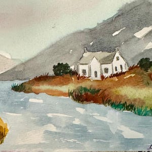 Lochside Cottage & Violets in Bloom — Double-Sided Original Watercolor (8.5 x 5.5)