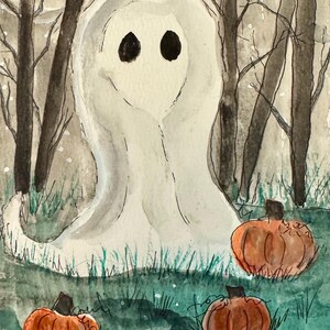 May include: Watercolor painting of a friendly ghost in a forest setting with orange pumpkins. The ghost has black eyes and a white sheet-like body. The pumpkins are scattered on green grass. Bare trees and a full moon are in the background.