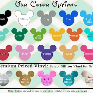 May include: A color chart featuring various shades of vinyl, including black, white, gray, blue, and green, along with glitter options like silver, gold, and pink. The text "Our Color Options" and "Premium Priced Vinyl" are displayed.