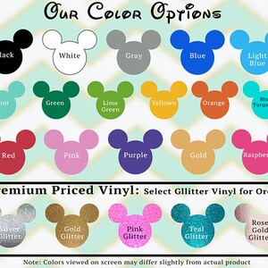 Puede incluir: Una carta de colores que presenta opciones de vinilo, incluyendo negro, blanco, gris, azul y verde, junto con opciones de purpurina como plata, oro y rosa. El texto incluye "Nuestras Opciones de Color" y "Vinilo Premium".