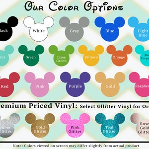 May include: A color chart featuring various shades of Mickey Mouse head shapes. Colors include black, white, gray, blue, light blue, mint, green, lime green, yellow, orange, blue turquoise, red, pink, purple, gold, and raspberry. Glitter vinyl options are also shown.