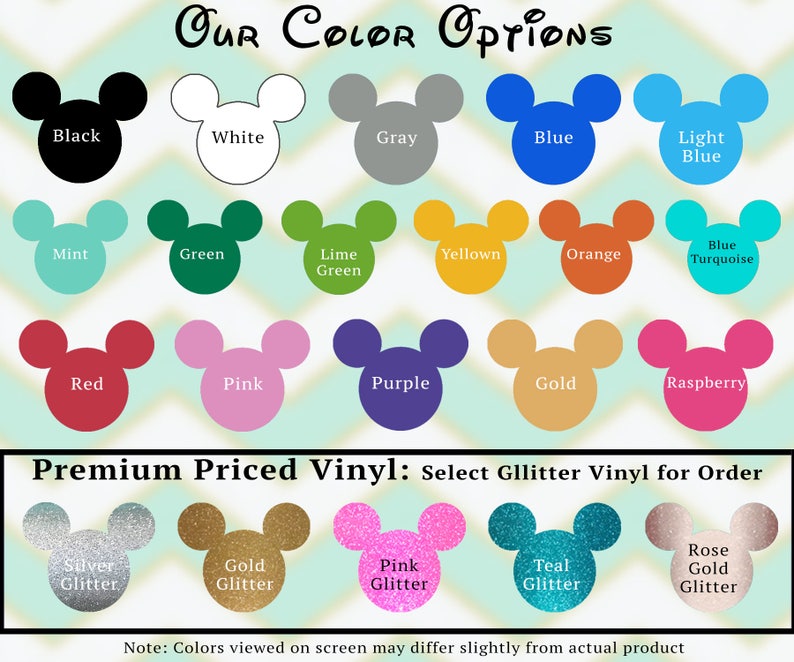 May include: A color chart featuring various shades of Mickey Mouse head shapes. Colors include black, white, gray, blue, light blue, mint, green, lime green, yellow, orange, blue turquoise, red, pink, purple, gold, and raspberry. Glitter vinyl options are also shown.