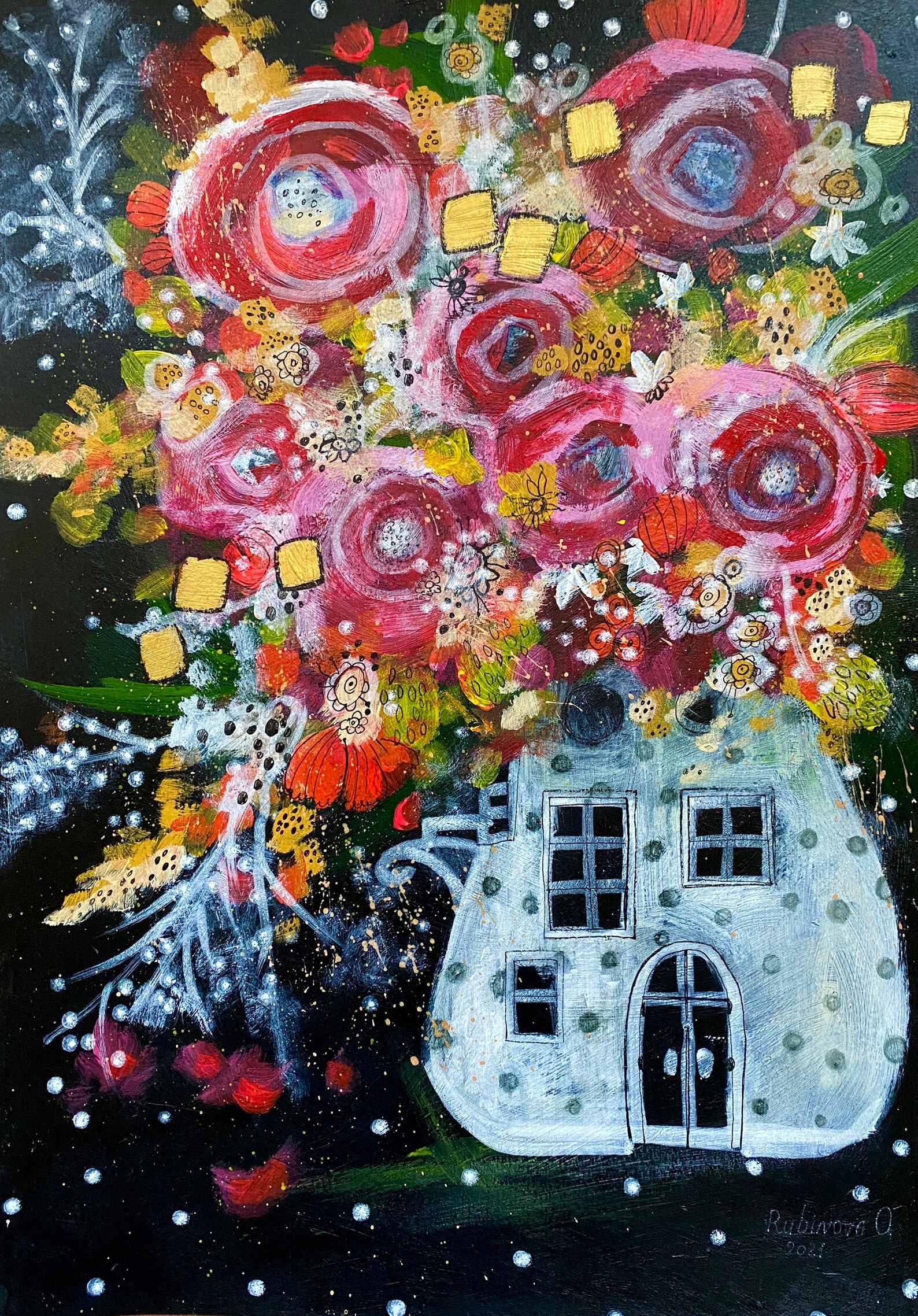 Abstract floral painting Original folk art Flowers wall art Etsy