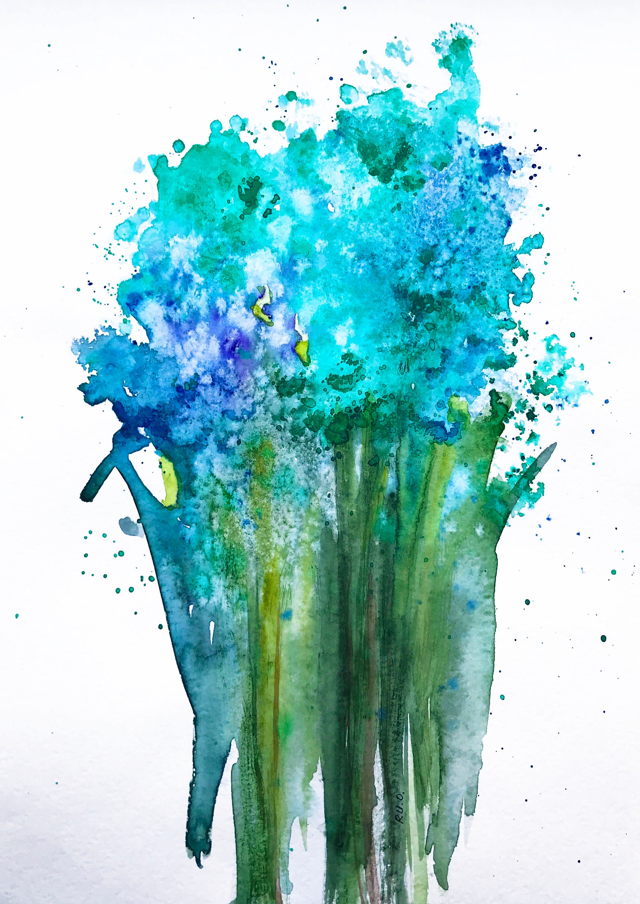 Teal painting Abstract floral art Original watercolor Etsy
