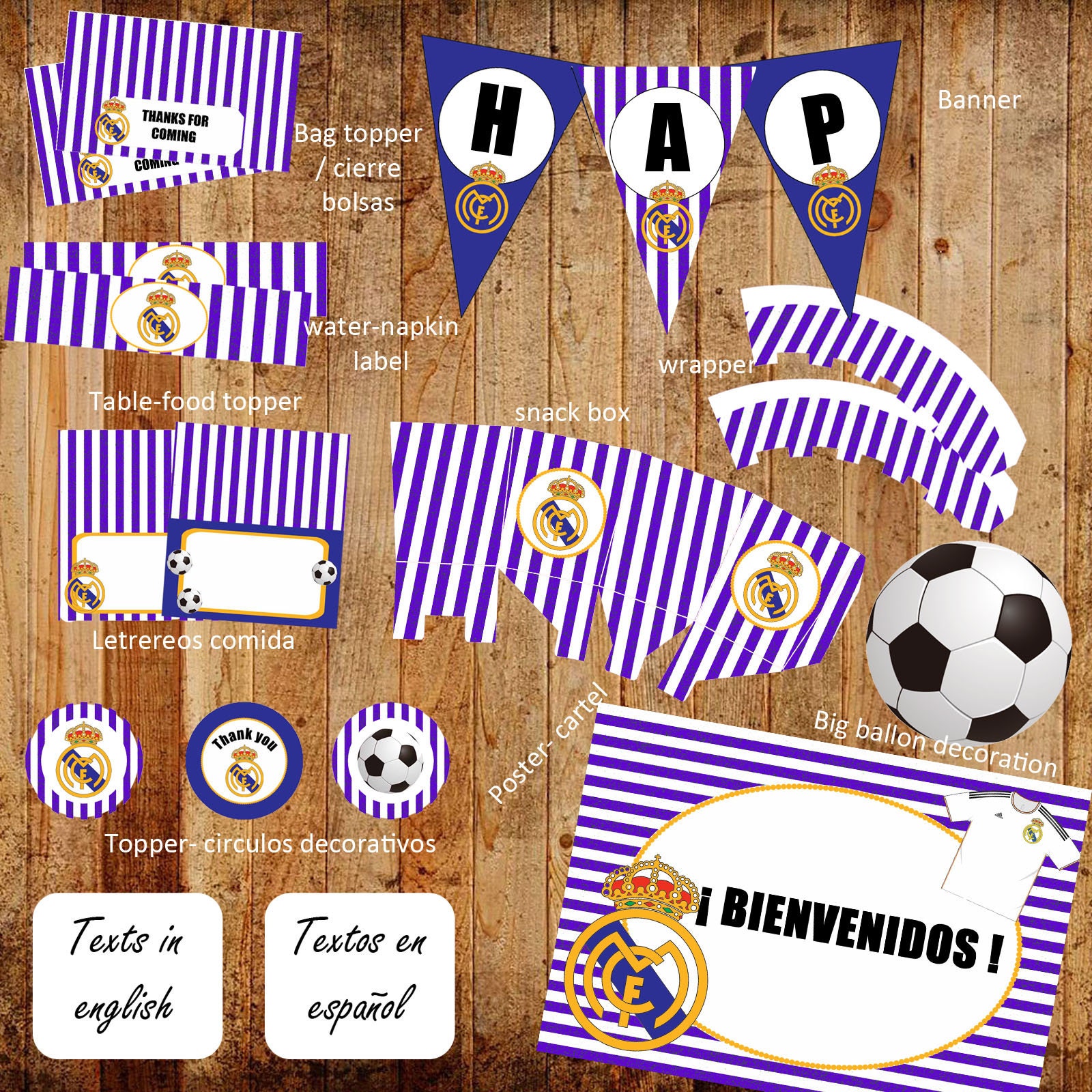 Real Madrid Lot de décorations pour fête d'anniversaire Thème Ballons Nappe  Drapeau Cupcakes – Tout en un : : Santé et Soins personnels