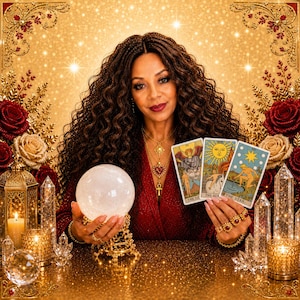 Può includere: Una sfera di cristallo trasparente su un supporto dorato, tre carte dei tarocchi etichettate The Lovers, The Sun e The Star, e diverse punte di cristallo trasparente. La scena include lanterne dorate, candele accese e rose rosse e color crema.