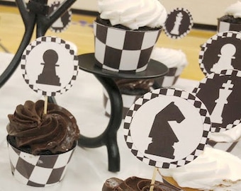 Emballage et décoration de cupcakes imprimables Soirée match, jeu d'échecs, dessert avec rendez-vous amoureux, gâterie jeu de société, pièce maîtresse, pion, damier